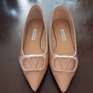 SELEYDIS Women's Pointed Toe Ballet Flats in Beige with Decorative Buckle